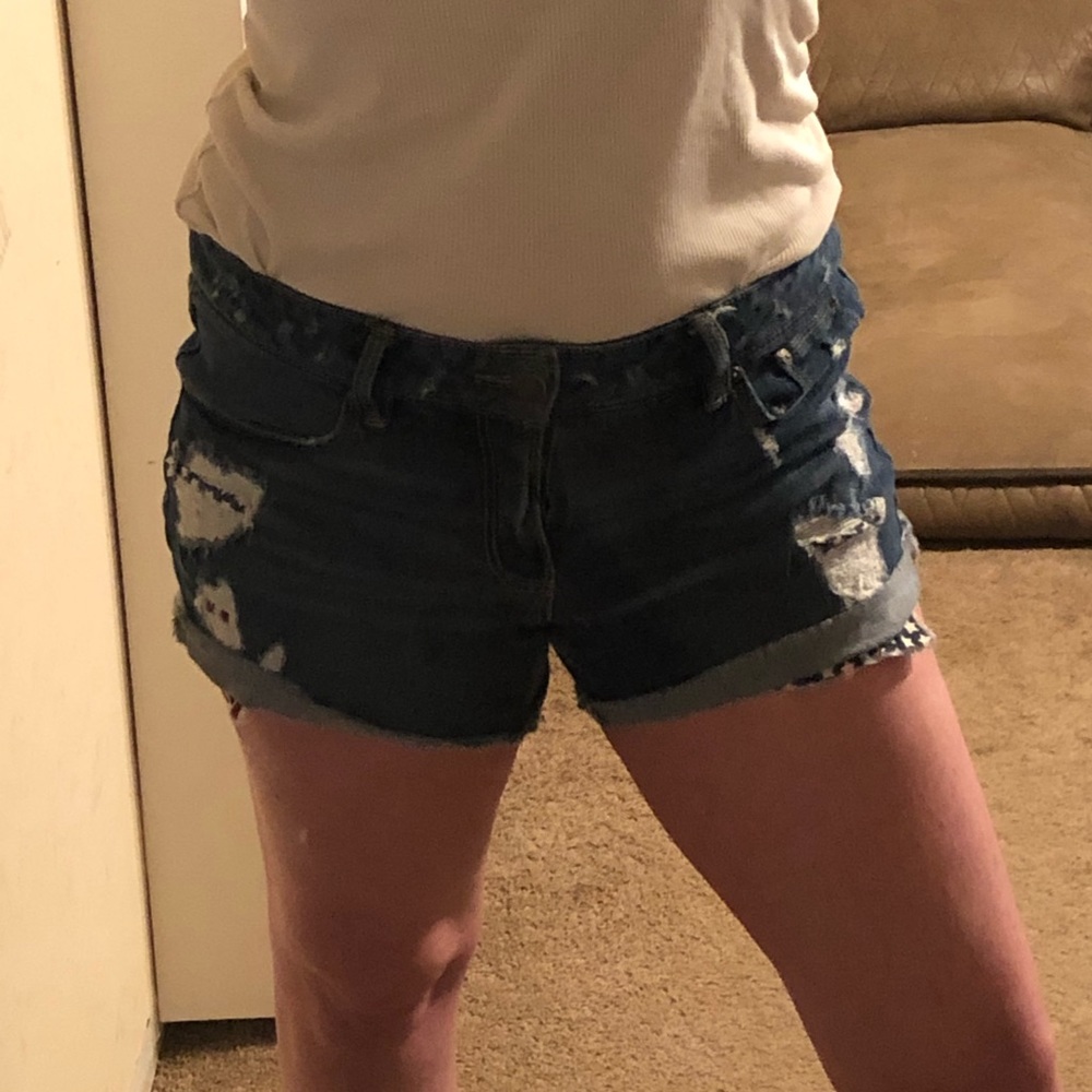 Dark Wash, Distressed, Patriotic Jean Shorts.